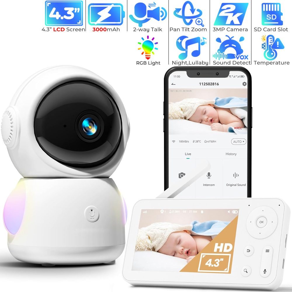 Audio Music Google - WiFi-babyfoon met app-bediening 2K 3MP babycameramonitor
